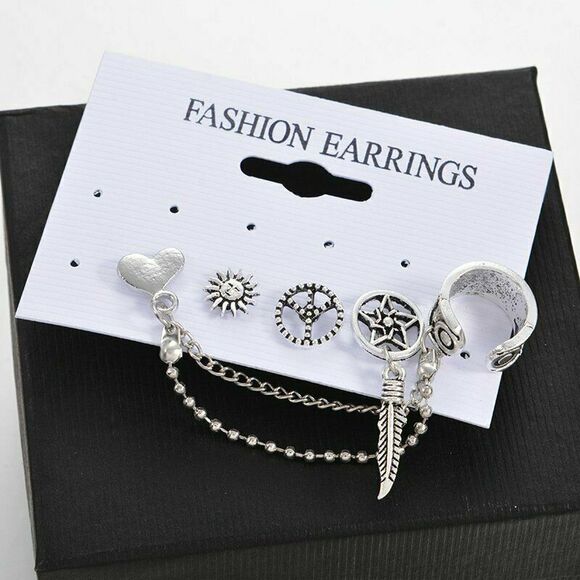 NEW Silver Earrings SET Crawler Chain Dream Catcher Peace Sign Hippie Gypsy Boho - Picture 4 of 4